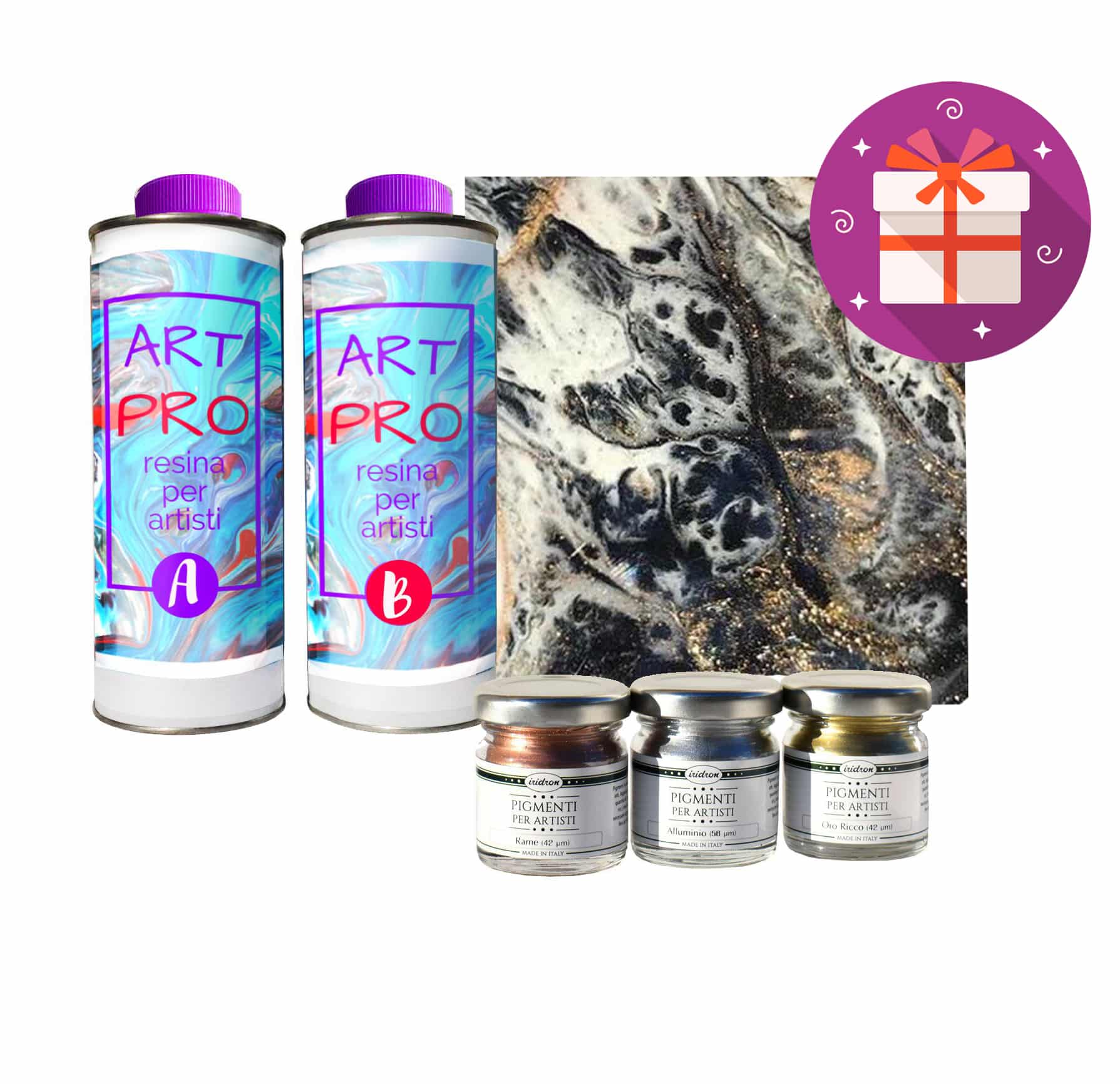 ART PRO RÉSINE TRANSPARENTE POUR LES ARTISTES 1.6 KG + KIT 3 PIGMENTS MÉTALLIQUES + TOILE EN CADEAU - IDEAL POUR RESINE-ART ET POUR ART