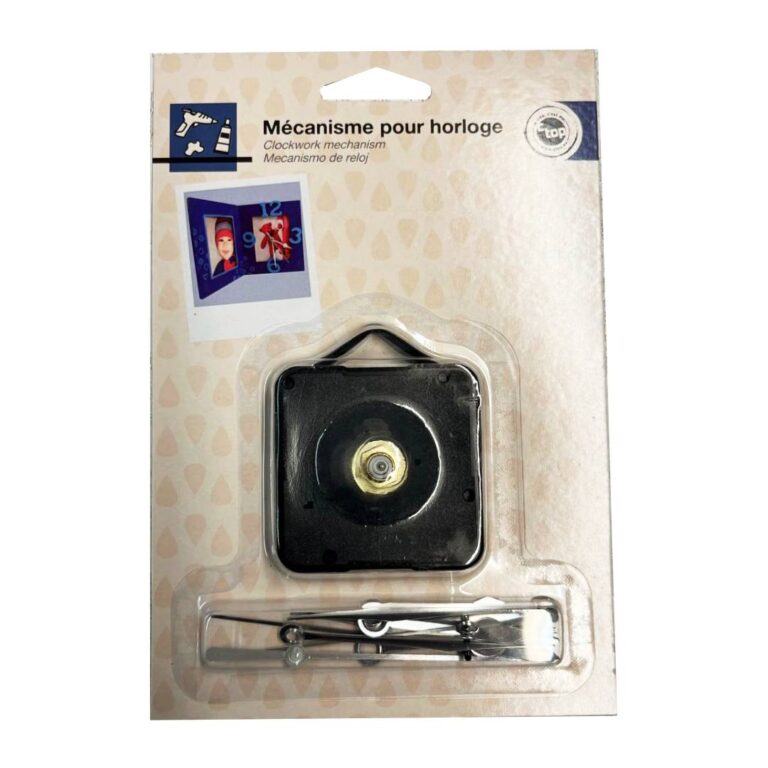 Mécanisme pour horloge avec 3 jeux d’aiguilles inclus : noir, argent et blanc.